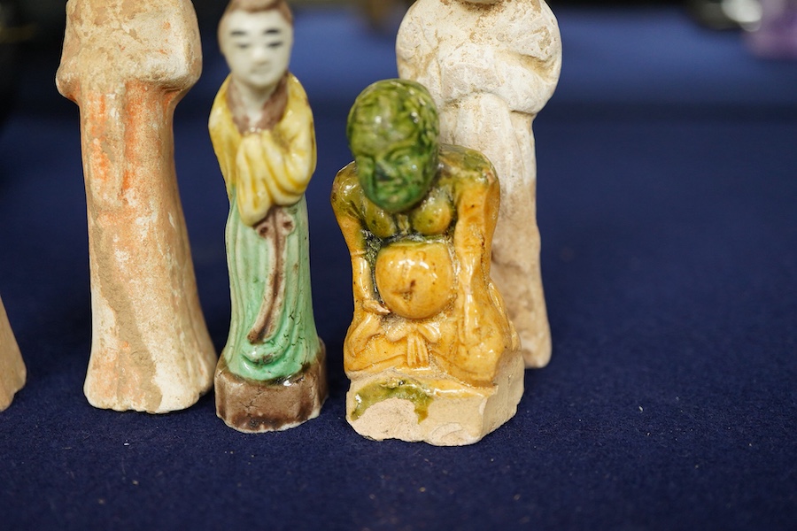 A Chinese Ming sancai small figure, three miniature pottery figures of ladies, Tang dynasty or later, and a sancai glazed figure (5)